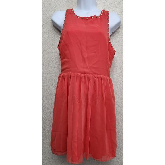 Bebe Hot Coral Studded Neckline Sleeveless Mini Dress 6 Lightweight Flowy Soft - Picture 1 of 6